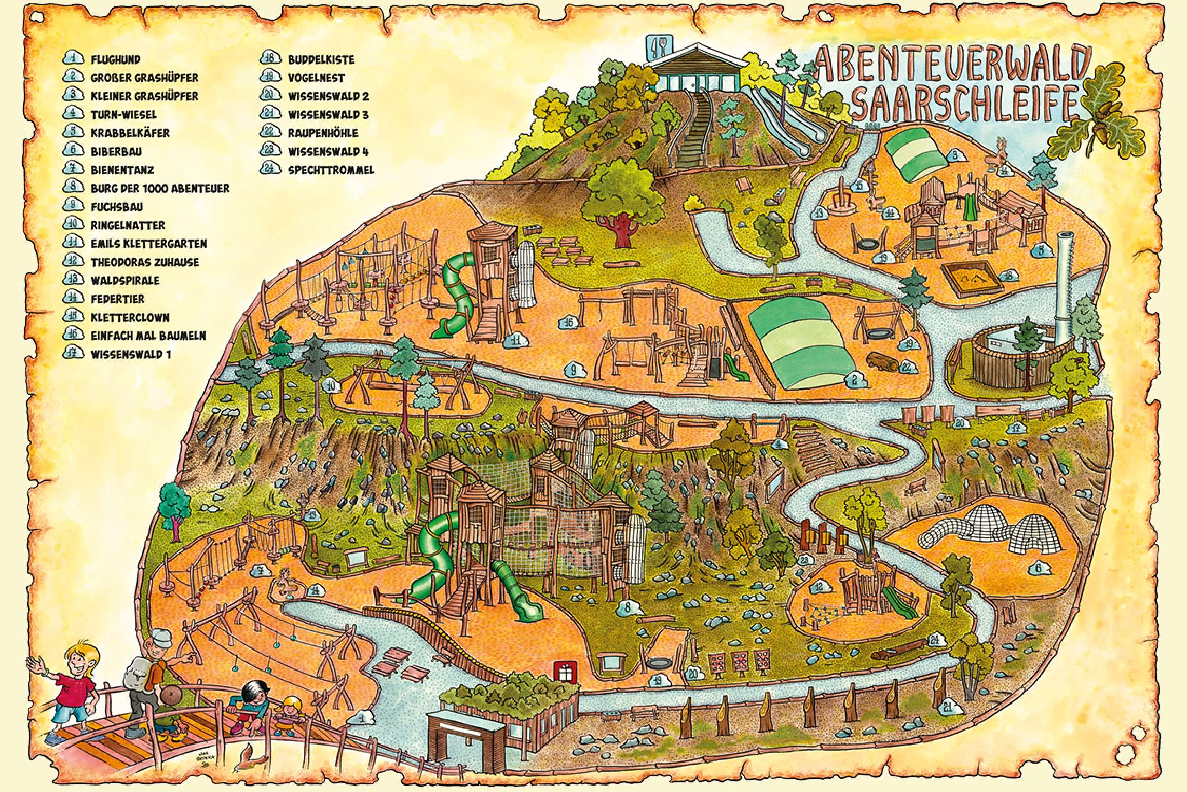 Map and legend of all the items available to play on in the Adventure Forest Saarschleife.